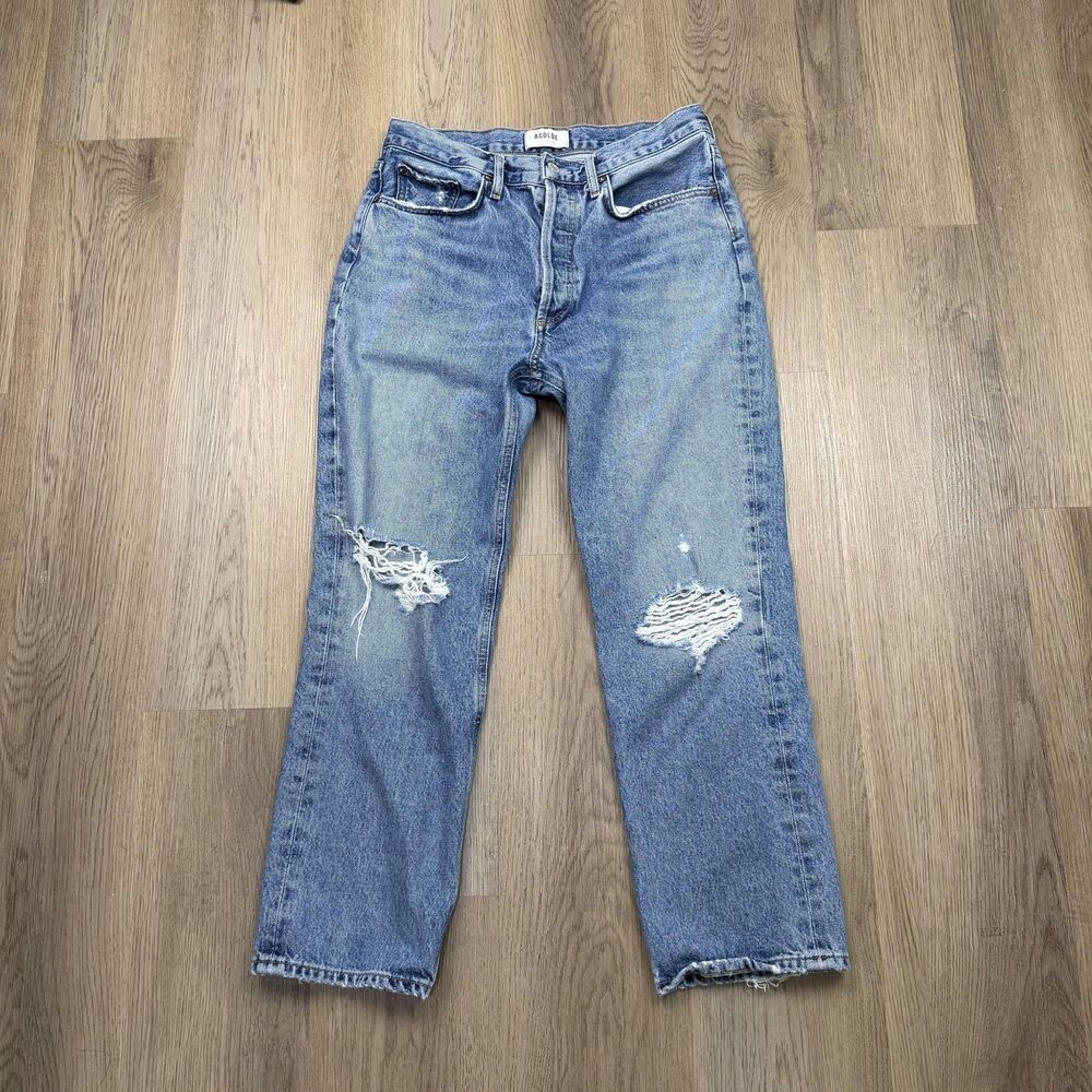 AGOLDE Jeans Womens 28 Blue Distressed High Rise Straight Leg Crop Denim Raw Hem